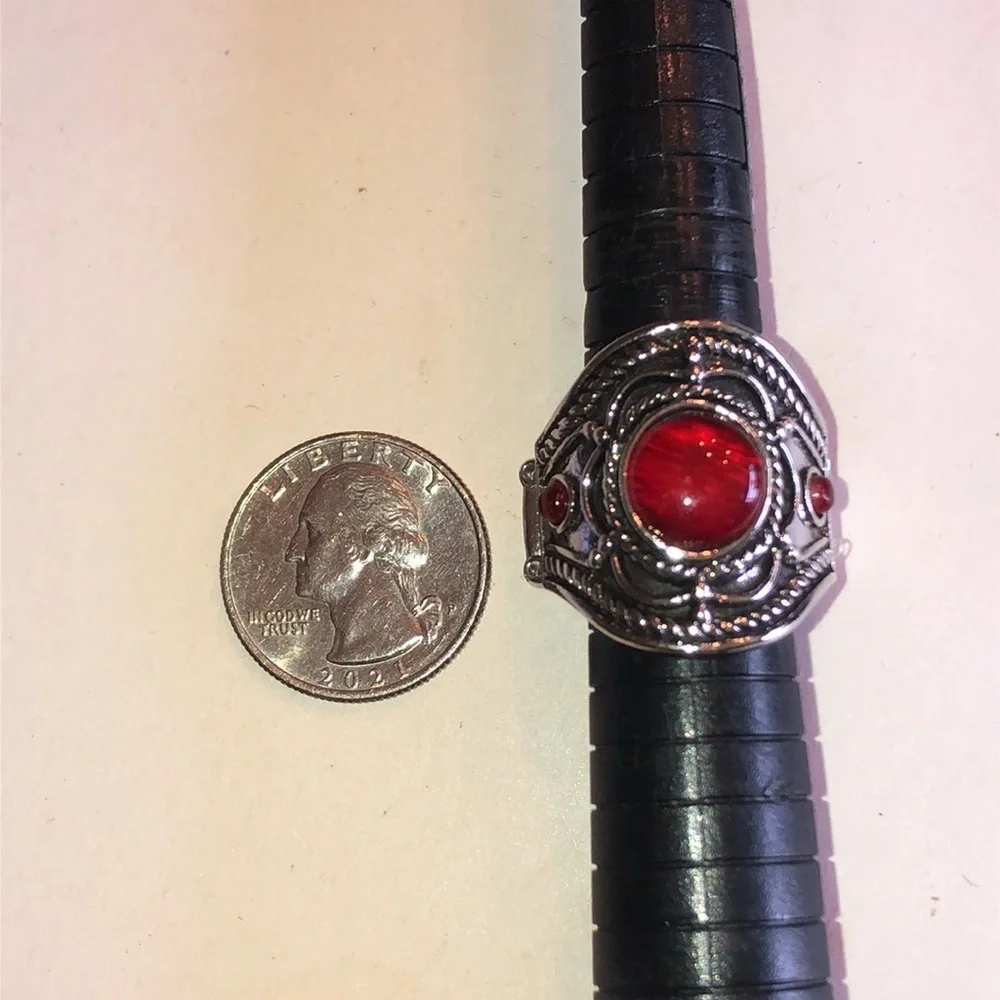 Red Faux Stone Silver Tone Filigree Boho Ring